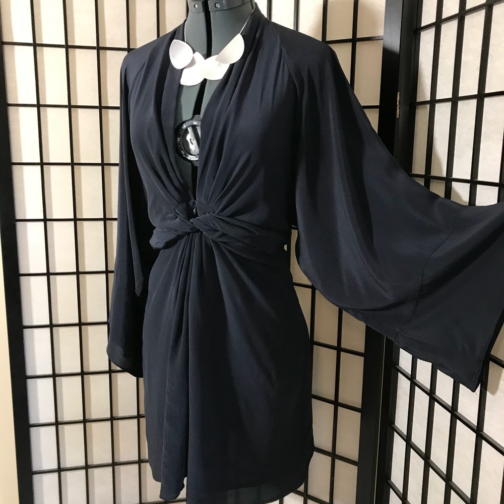 Cute Navy Silk Tie Kimono Dress